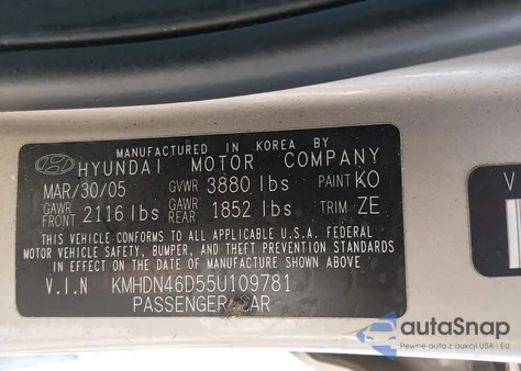 2005 Hyundai Elantra Gls/Gt из США, поврежденный, VIN KMHDN46D55U109781